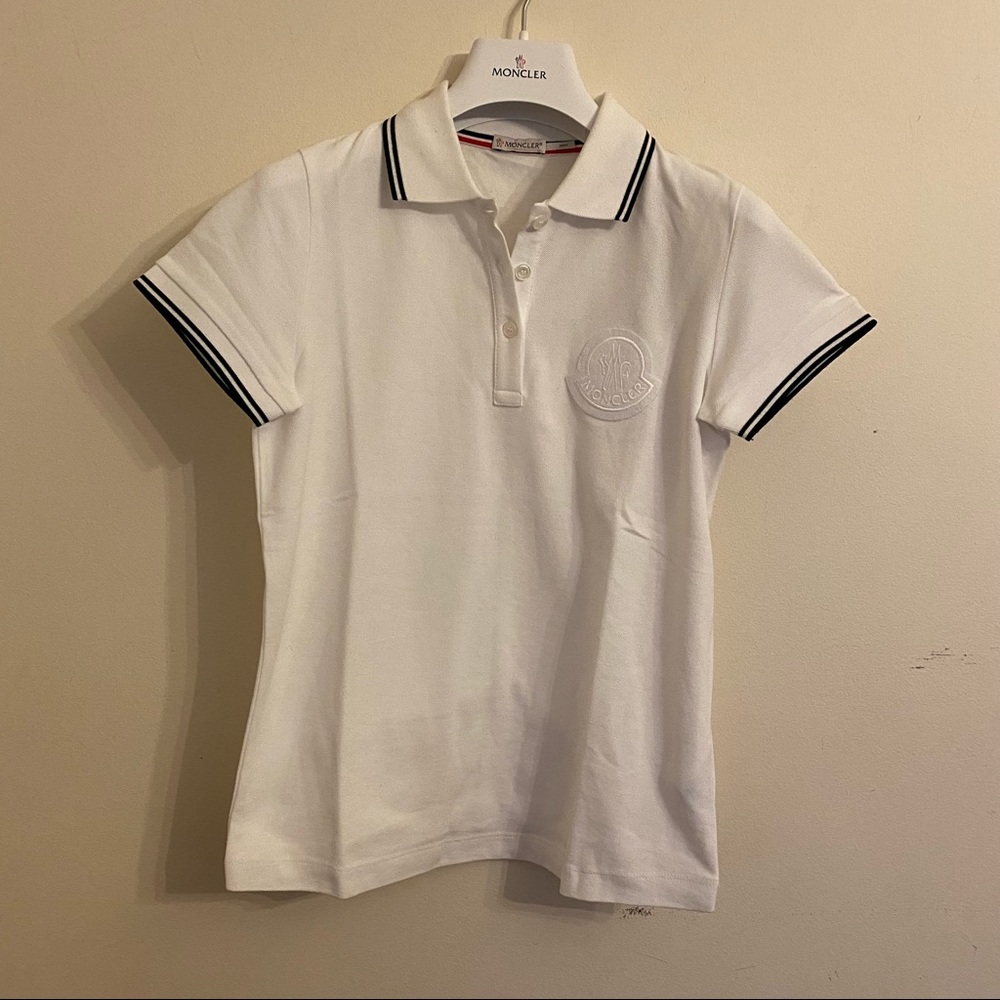 Moncler White Maglia Polo Manica Corta Felt Logo New XS